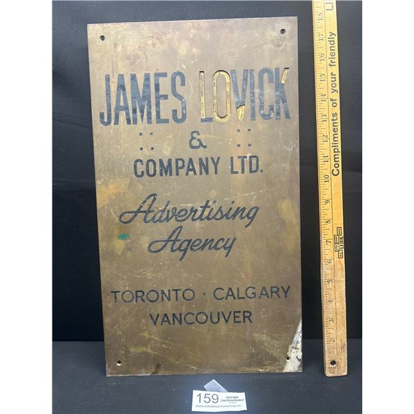 1920's 10.5" x 18" Brass Building Plaque James Lovick Advertising Agency Vancouver Canada