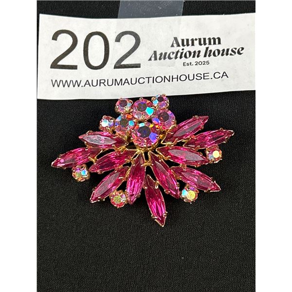 Vintage Pink and Aurora Borealis Rhinestone Floral Brooch
