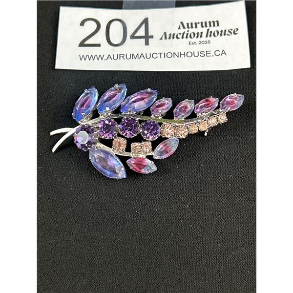 Very Nice Silver tone Purple and Blue Crystal Leaf Brooch
