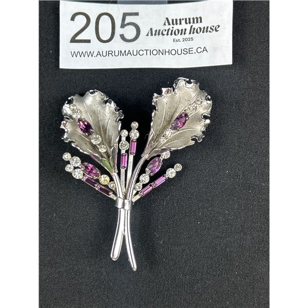 Heavy Sterling Silver Flower and Rhinestone Brooch 18g