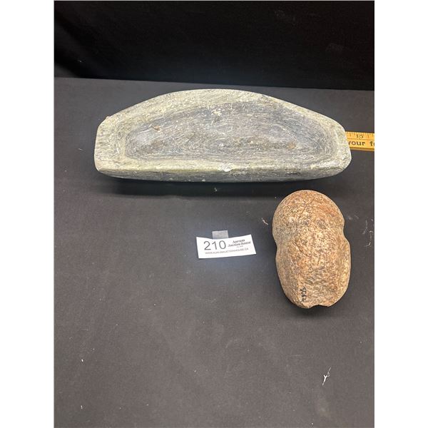 Ancient Native Grroved stone Maul/Pounder with Hand Carved Soapstoned Bowl 12" Wide