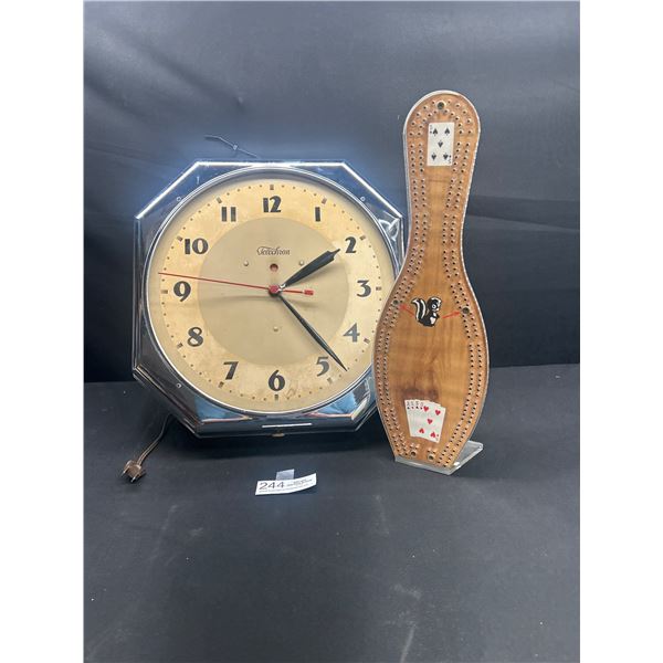 Vintage Electric wall Clock Missing Outer Glass plus a very nice crib Board made from a Bowling Pin