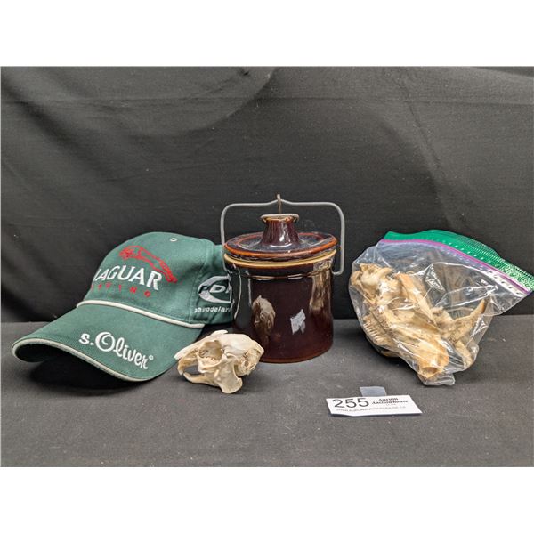 Vintage Collectible Lot Brown Glazed Crock plus jaguar Hat