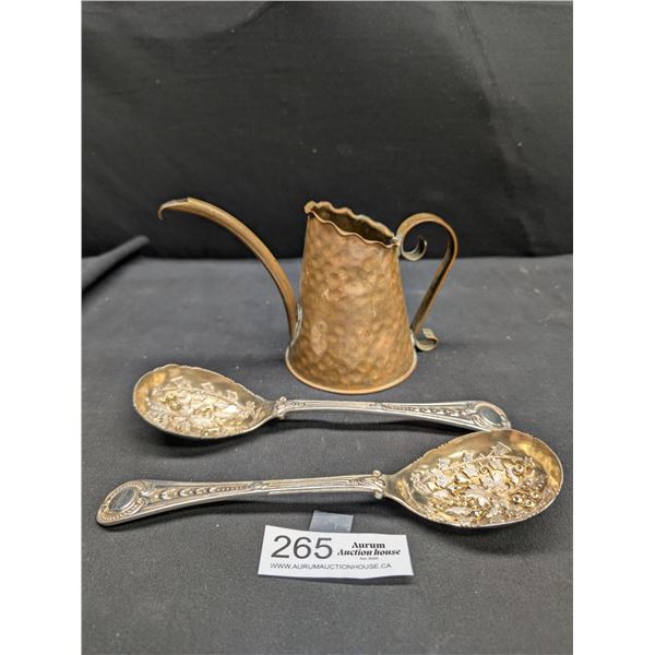 Vintage Hammered Copper Watering Can plus 2 very nice Embossed silver plated serving spoons