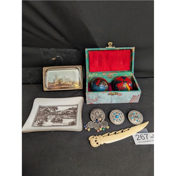 Vintage Collectible lot of letter openers small tray paperweight and Chinese Baoding Balls in box
