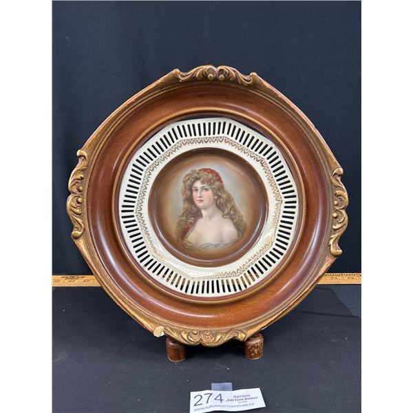 Antique Geman Maiden Portrait Plate in Wooden Frame Small chip in Frame
