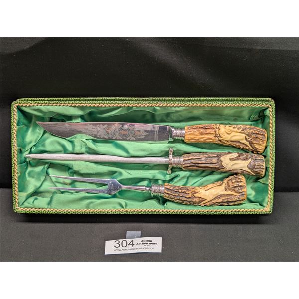 Vintage Solingen 3pc Carving Set from Stag Horn Handles