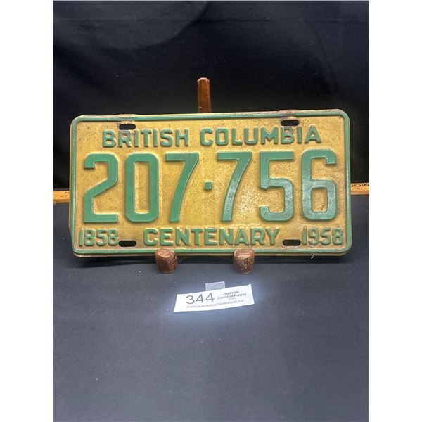 1958 BC Centennial License Plate
