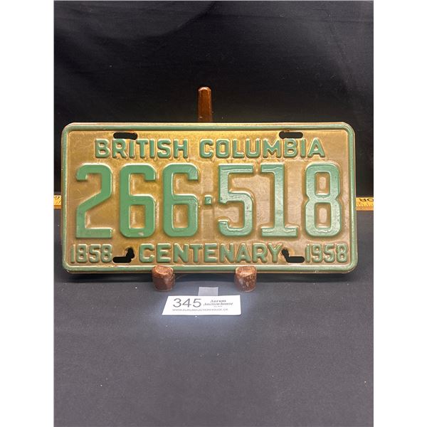 1958 BC Centennial License Plate