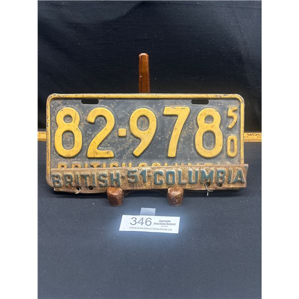 1950 BC License Plate with 1951 Metal Tag