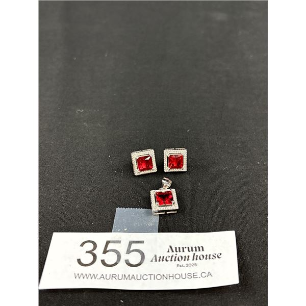 Very Nice Pair of Sterling Silver Earrings and Pendant with Ruby Red Stone Surrounded by Diamonds Te