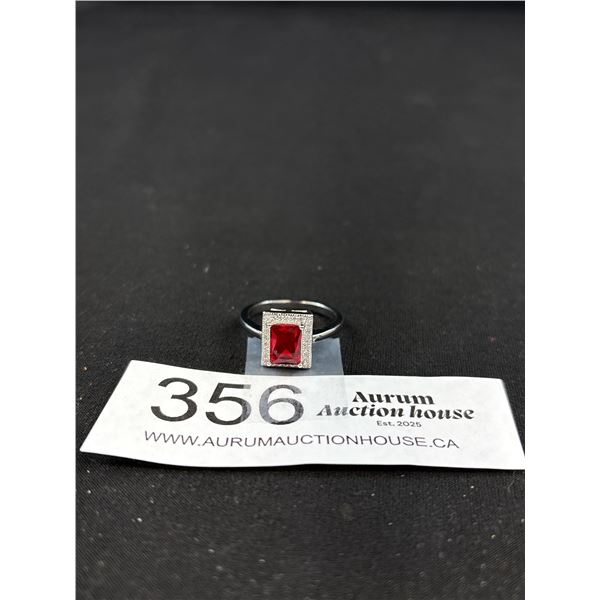 Size 8 Pretty Sterling Silver Ring with Ruby Stone Surrounded by Diamonds Tested