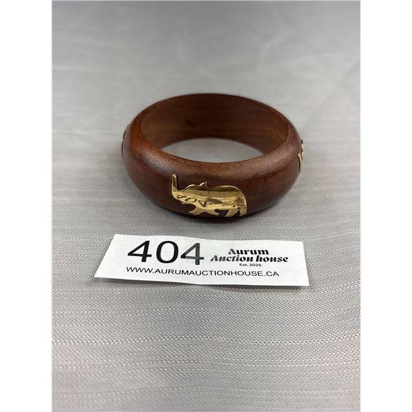 Solid Vintage Wood Bangle, Decorated w/ 4 Golden Elephants