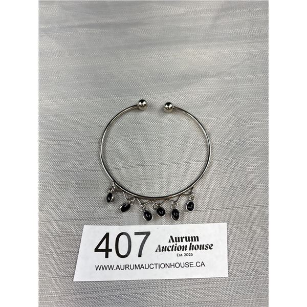 Silver Bangle w/ 6 Black Onyx Tassels Open Cuff Bangle, 2 1/2 Inches Diameter