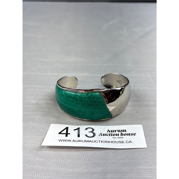 Silver w/ Green Snakeskin Print Open Cuff Bangle