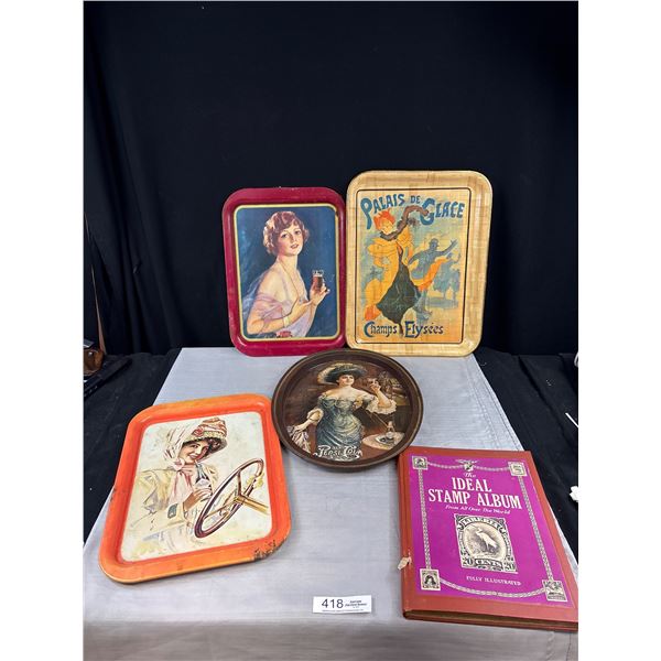 Nice Vintage Lot in Pop Serving Trays and Stamp Album w/ Some Stamps
