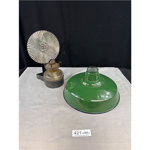 Vintage 12" Diameter Green Porcelain Enamel Lamp Shade + Antique Oil Lantern w/ Reflective Tin