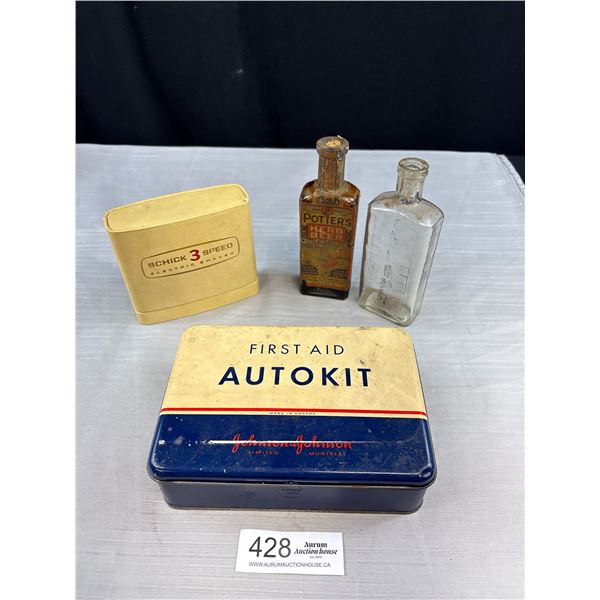A Vintage Collectible Lot, First Aid Kit, Embossed Medicine Bottles and Old Razor