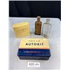 Image 1 : A Vintage Collectible Lot, First Aid Kit, Embossed Medicine Bottles and Old Razor