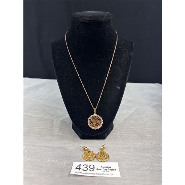 Vintage Gold Tone Pendant w/ Chain Necklace + Pair of Earrings