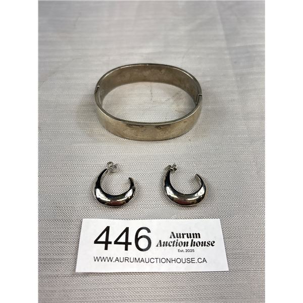Heavy Stainless Steel Hinged Bangle + Pair of Earrings