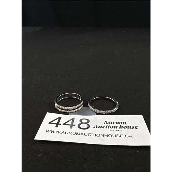 2 Silver Plated w/ Tiny Sparkling Stones Rings, No Stone Missing, Unmarked, Sizes 9