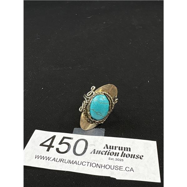 Vintage Hand Crafted Silver w/ Turquoise Stone Ring, Unmarked, Self Adjustable Sizes 6-9