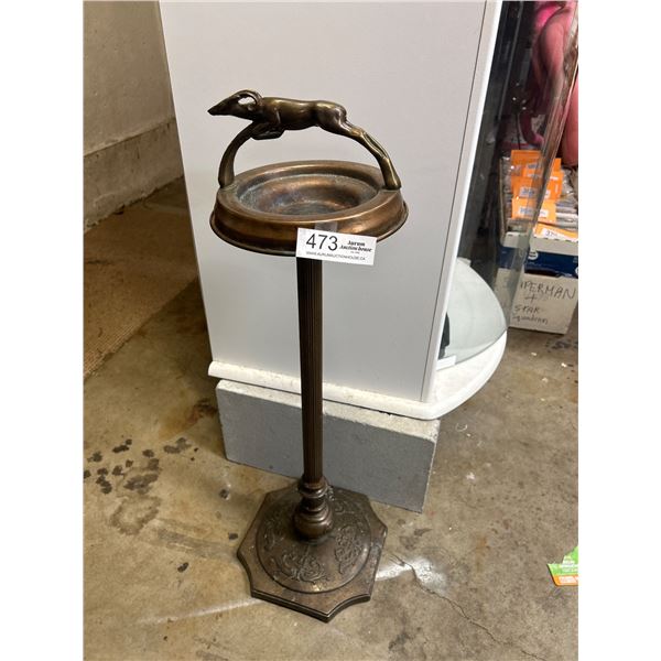 An Art Deco 28" Tall, Metal Floor Standing Ashtray w/ A Gazelle or Grayhound Figuren Handle