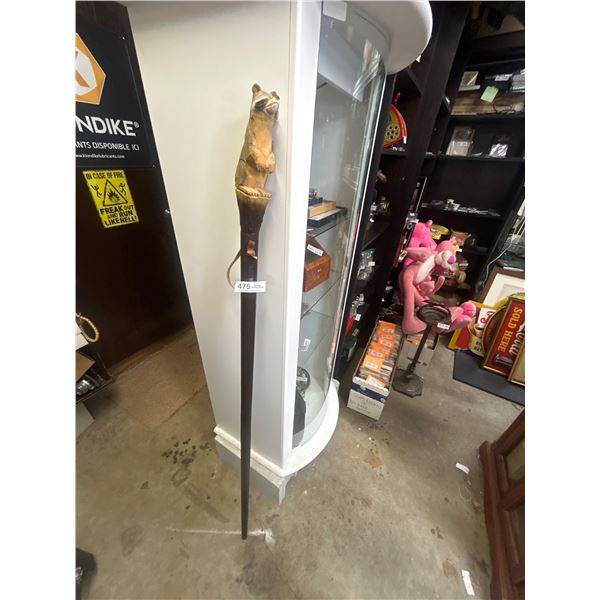 Local Hand Carved 5 Ft Tall Walking Stick w/ Carved Figural Raccoon NO SHIPPING