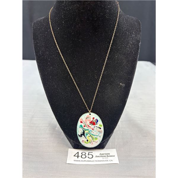 Vintage Raised Enamel Copper Pendant w/ Chain Necklace Signed