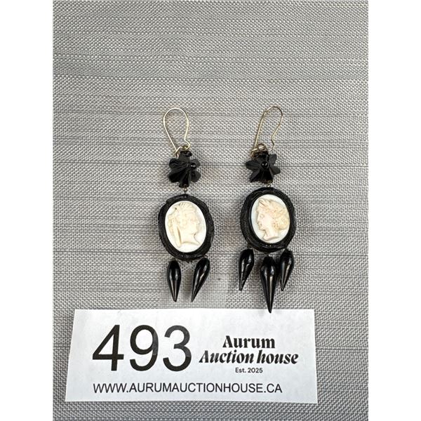 Antique Black Bakelite w/ Genuine Hand Carved Shell Cameos Dangle Earrings w/ 1 Tassel Missing