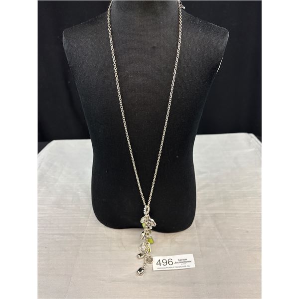 Vintage Glass Stones Tassel Pendant w/ Extra Length Chain Necklace