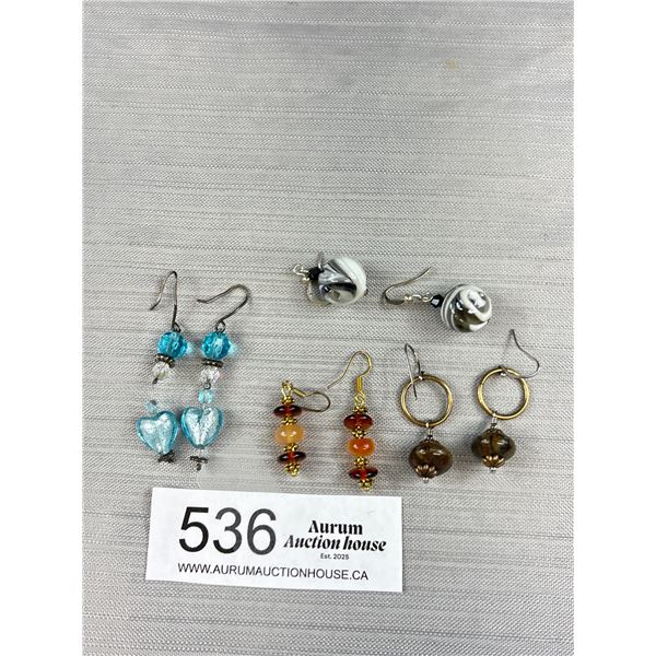 4 Lovely Pairs of Vintage Dangle Earrings, Some Sterling Silver Some w/ Amber Art Glass + Other Ston