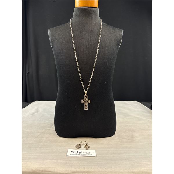 Vintage Silver Filigree Cross Pendant w/ Chain Necklace w/ Matching Pair of Earrings Set