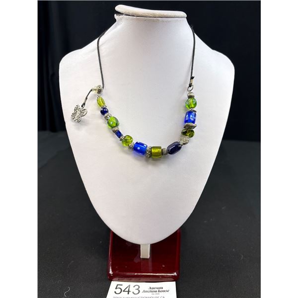 Vintage Self Adjustible Cord w/ Siver + Art Glass Beads Necklace
