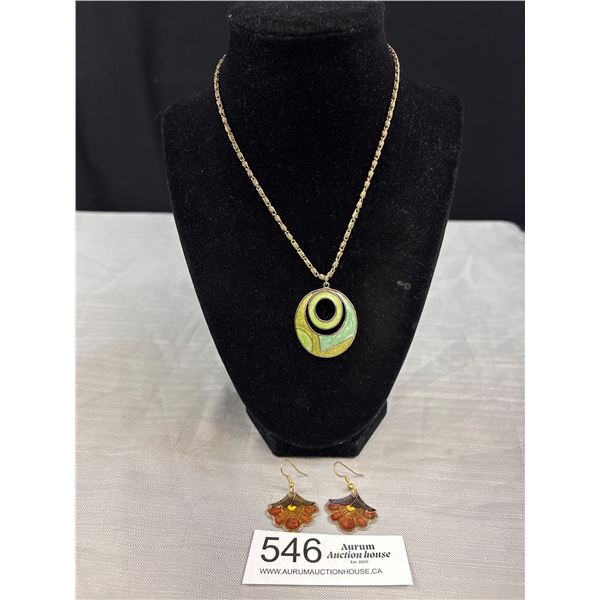 Vintage Silver w/ Enamel Pendant w/ Chain Necklace + Pair of Earrings