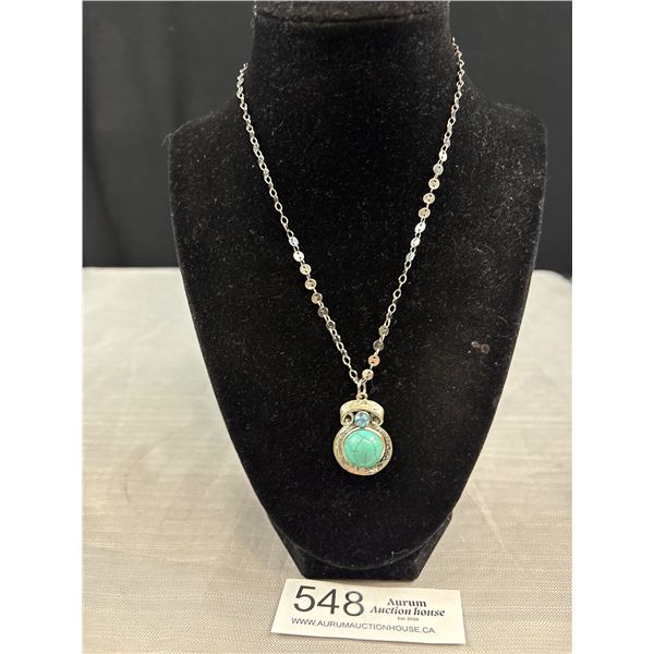 Silver Plated Gucci Style Chain w/ Turqouise Pendant Necklace 16" Length