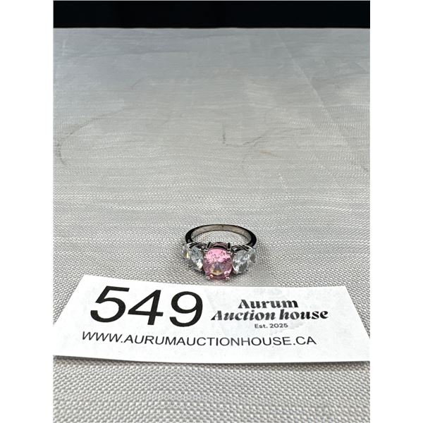 Vintage Silver Ring Set w/ White + Pink Crystal Stones Unmarked Size 8