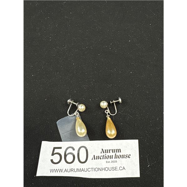 Pair of Sterling + Faux Pearl Teardrop Earrings 1950s