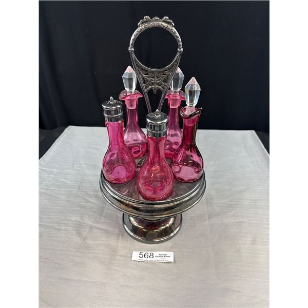 Antique Victorian Cranberry Glass Silver Plated Cruet Set