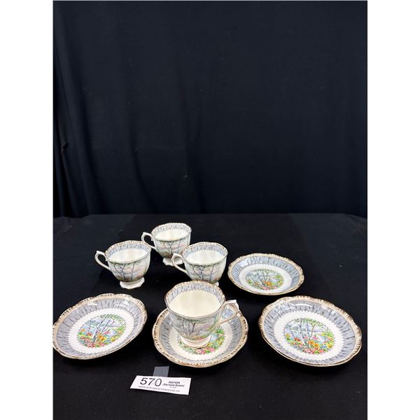 Lot of 4 Royal Albert Silver Birch Bone China Teacup and Saucers