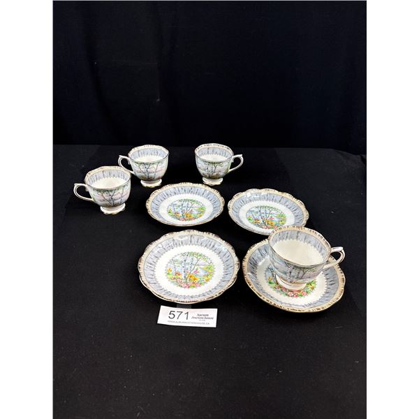 Lot of 4 Royal Albert Silver Birch Bone China Teacup and Saucers