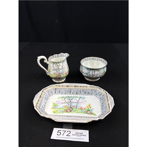 Vintage Royal Albert Silver Birch Cream and Sugar Set w/ Tray