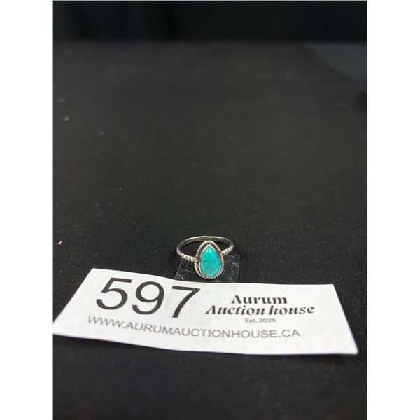 Dainty Sterling Silver w/ Blue Turquoise Stone Ring, Marked 925, Size 5