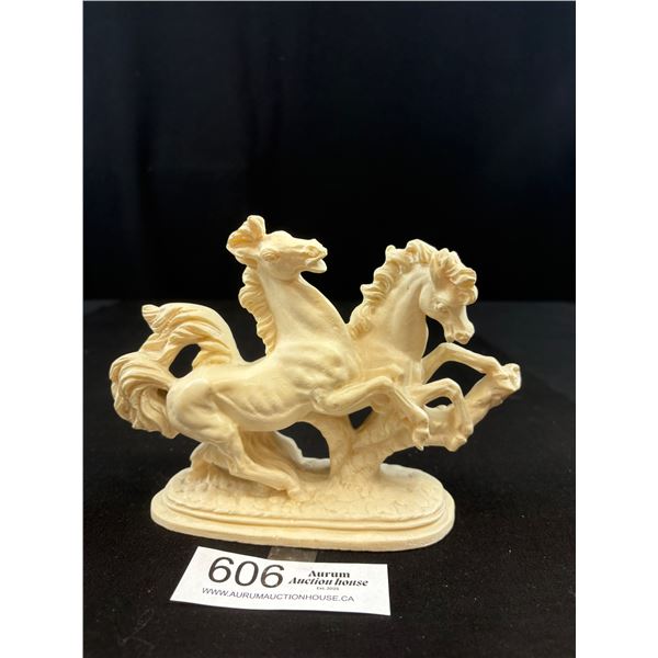 Italy Alabaster Horses Sculpture Signed Santini, 6 1/2" L+ 5" High! No Damage Visible