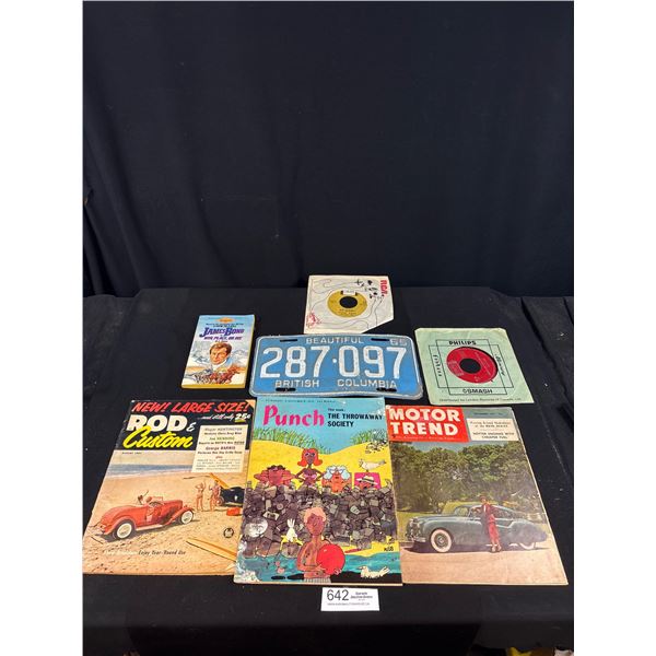 Nice Collectable Lot 1951 Motor Trend + Other Magazines and a 65 BC License Plate