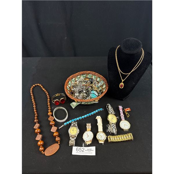 Vintage Wicker Basket Filled with Costume Jewelry and Jewelry Pieces