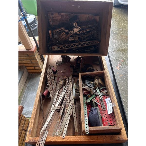 Large Lot of Meccano and Erector Pieces in Crate