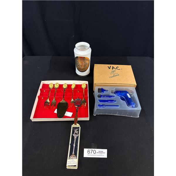 Nice Lot of Souviner Spoons Gold Rim Vase and Small Vaccum in Box