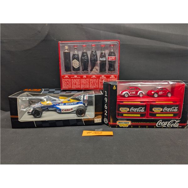 Collectable Coca Cola Lot of Diecast Cars Bottles + Formula 1 Onyx Car in Box